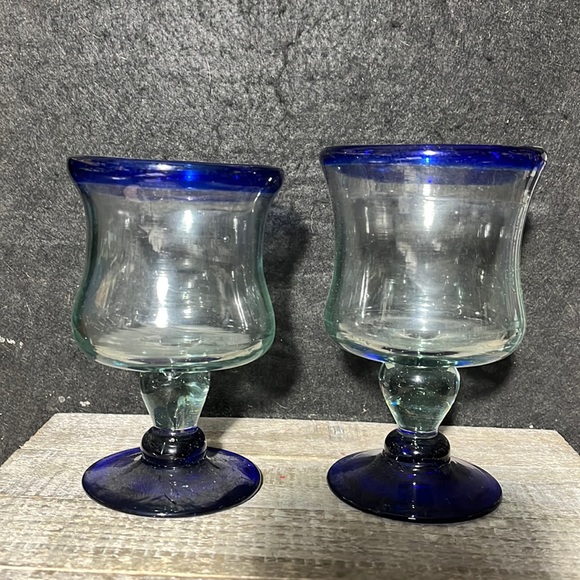 NOVICA Artisan Crafted Clear Blue Rim Hand Blown Recycled Glass Wine Glasses - Picture 1 of 5